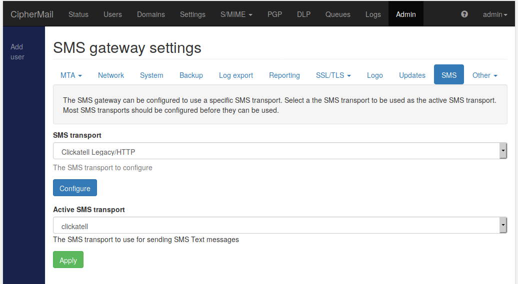 SMS gateway settings